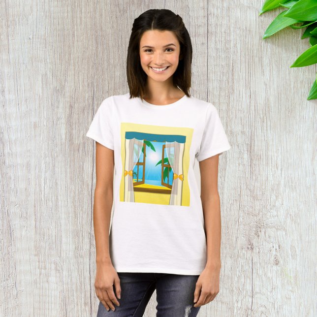 Solig strandvy genom öppet fönster t shirt (Skapare uppladdad)