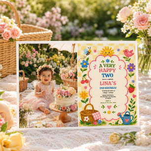 Solig Trädgård 2-års Födelsedags Blomster Picknick Inbjudningar