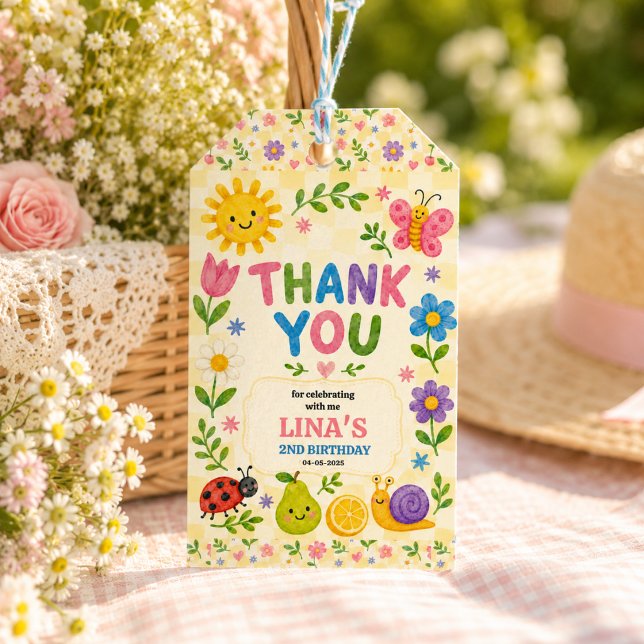 Solig Trädgård 2-års Födelsedags Blomster Picknick Presentetikett (Sunny Garden 2nd Birthday Floral Picnic Party Gift Tags
)