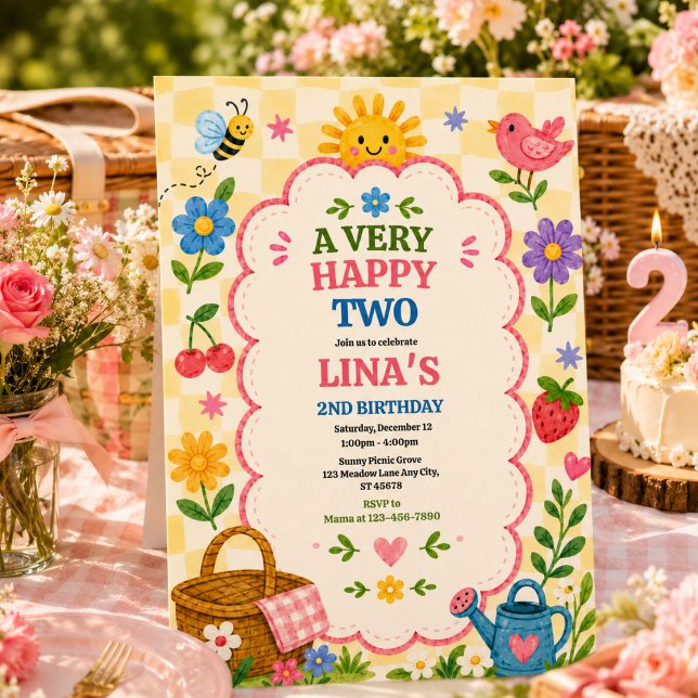 Solig trädgård 2-års födelsedags blomsterpicknickf inbjudningar (Sunny Garden 2nd Birthday Floral Picnic Party Invitation
)
