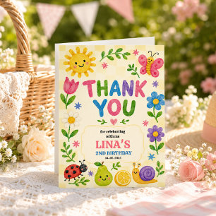 Solig trädgård 2-års födelsedags blomsterpicknickf tack kort