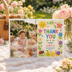Solig trädgård 2-års födelsedags blomsterpicknickf tack kort