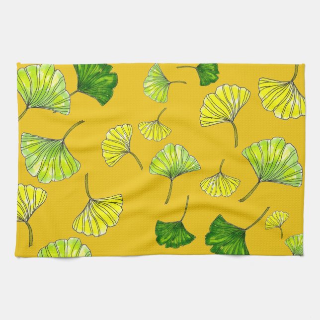 Soliga botaniska Gingko blad på strålglansgult Kökshandduk (Horisontell)