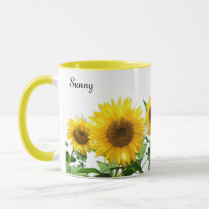 Soliga gula solrosor och kalligrafi mugg