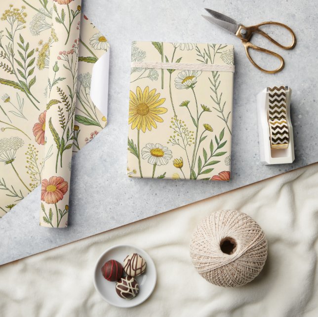 Soliga gula vildblommor och ömtåliga ängsblommor presentpapper (Hantverk)