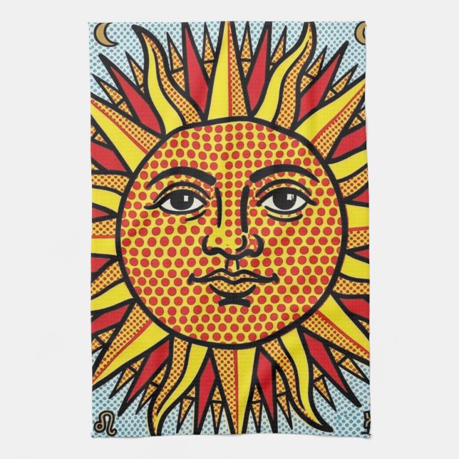 Soligt ansikte Pop Art Seriestil Solstrålning Kökshandduk (Vertikal)
