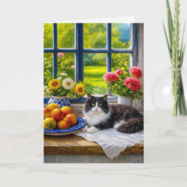 Soligt fönster, katt  kort (Framsida)