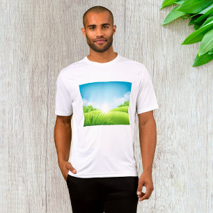 Soligt grönt fält landskapsbild t shirt