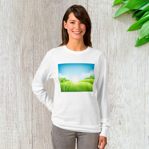 Soligt grönt fält landskapsbild t shirt