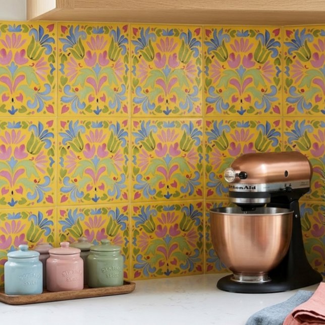 Soligt gul och blå blomster kakelplatta (Skapare uppladdad)