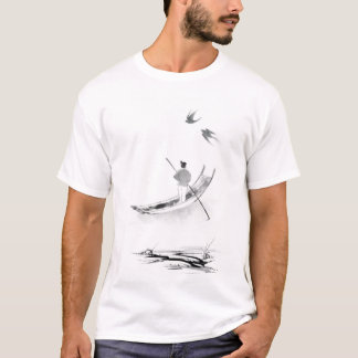 "Solitary Boat in Mist - Chinese Bläck Tvättar Art T Shirt