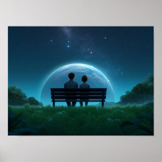 Solitary Man on Bench Watching Birds Black and Whi Poster