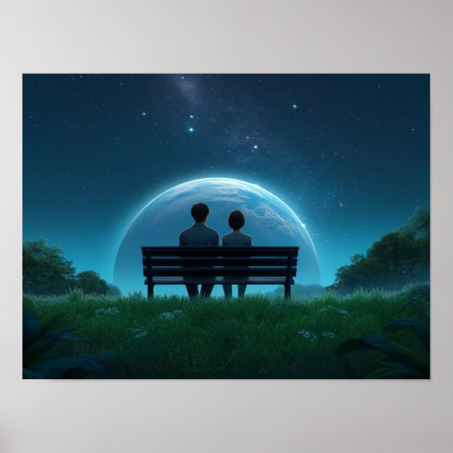 Solitary Man on Bench Watching Birds Black and Whi Poster (Framsidan)