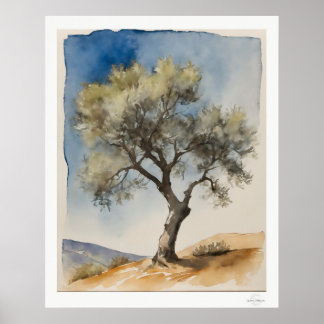 Solitary Olive Tree Botanical Art Print Poster