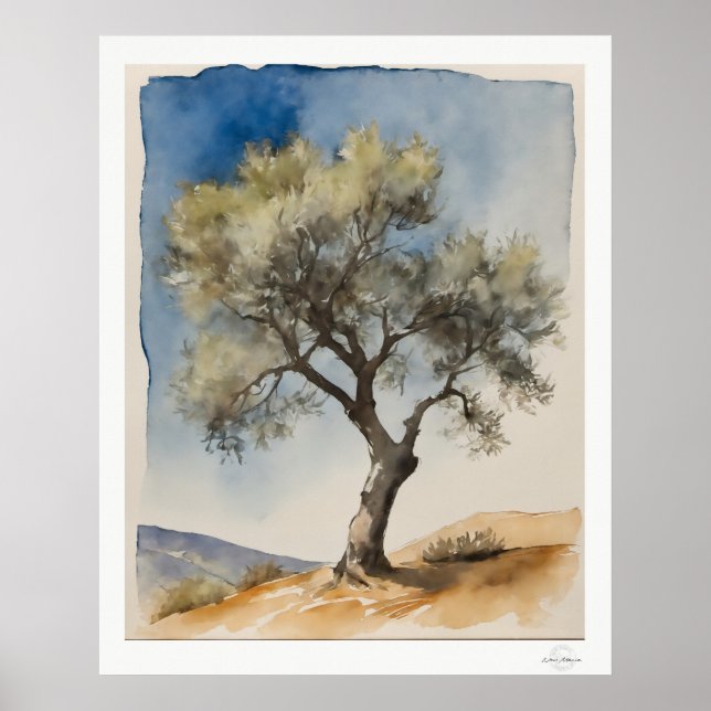 Solitary Olive Tree Botanical Art Print Poster (Framsidan)