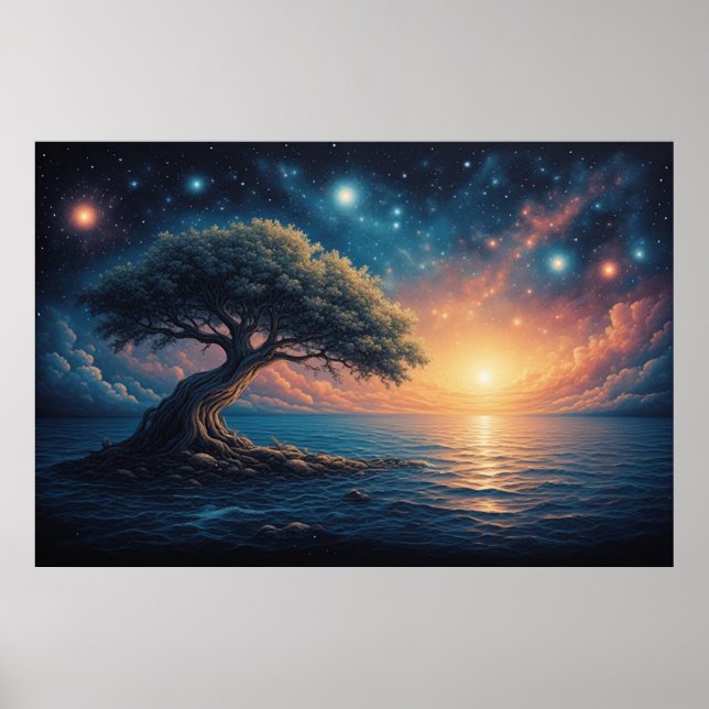 Solitary Tree on Ocean at Sunset 🌅 Starry Fantasy Poster (Framsidan)