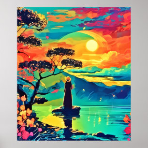 Solitory Figur vid Sunset Poster