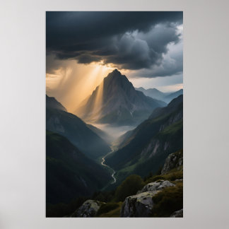 Solljus över storslagen bergstopp poster