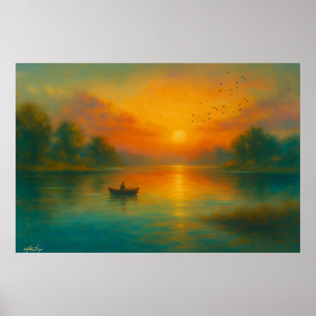 Solnedens enslighet - Fiskare i gyllene spegling Poster (Framsidan)