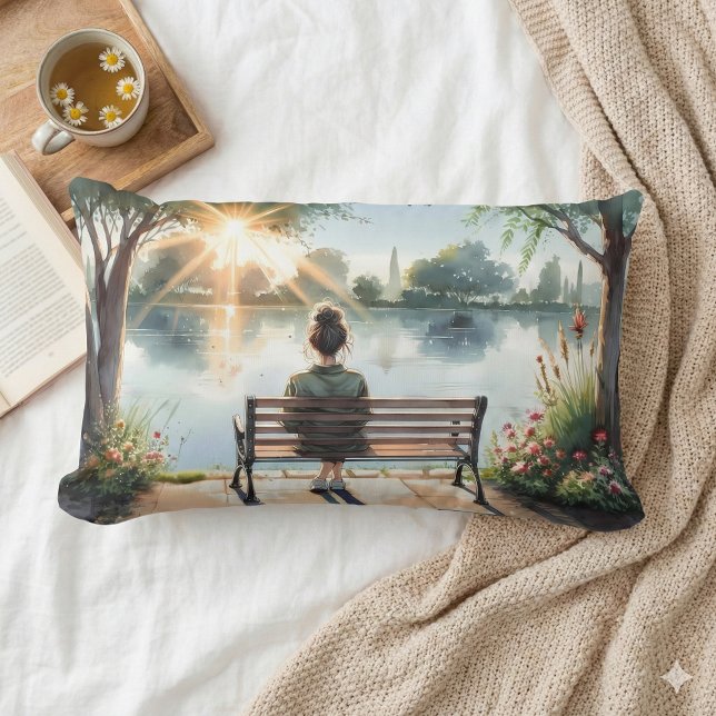 Solneders reflektioner Sjöscen Lumbarkudde (Sunset Reflections Lake Scene Lumbar Pillow Mockup A )