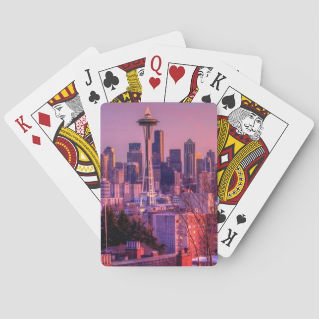 Solnedgång bak Seattle horisont från den Kerry Casinokort (Baksidan)