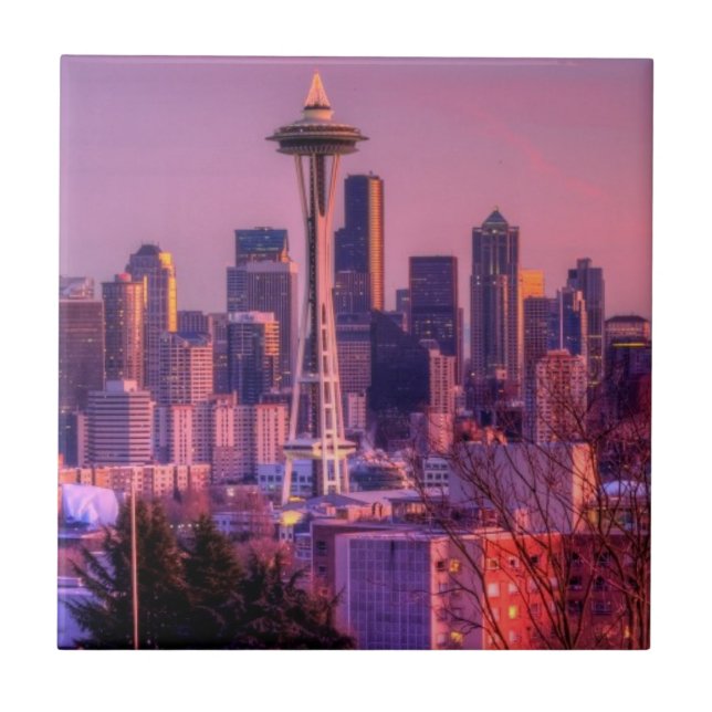 Solnedgång bak Seattle horisont från den Kerry Kakelplatta (Framsidan)