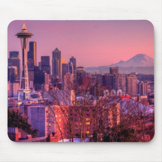 Solnedgång bak Seattle horisont från den Kerry Musmatta (Framsidan)
