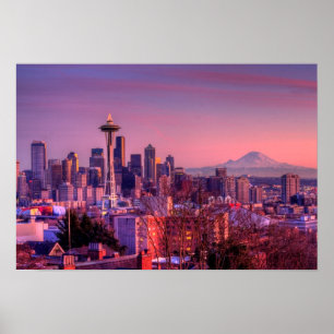 Solnedgång bak Seattle horisont från den Kerry Poster
