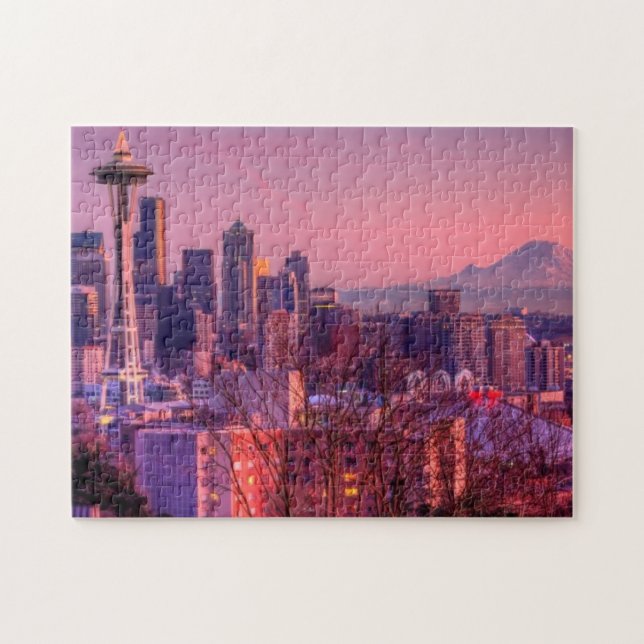 Solnedgång bak Seattle horisont från den Kerry Pussel (Horisontell)