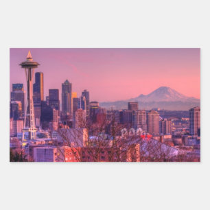 Solnedgång bak Seattle horisont från den Kerry Rektangulärt Klistermärke