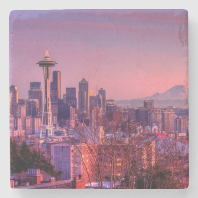 Solnedgång bak Seattle horisont från den Kerry Stenunderlägg (Framsidan)