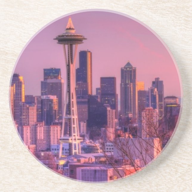Solnedgång bak Seattle horisont från den Kerry Underlägg Sandsten (Framsidan)