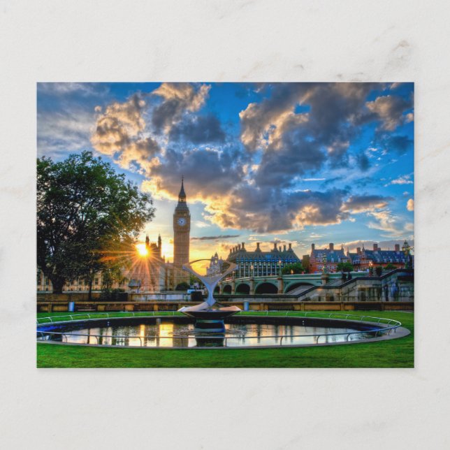 Solnedgång bakom parlamentets hus vykort (Framsida)