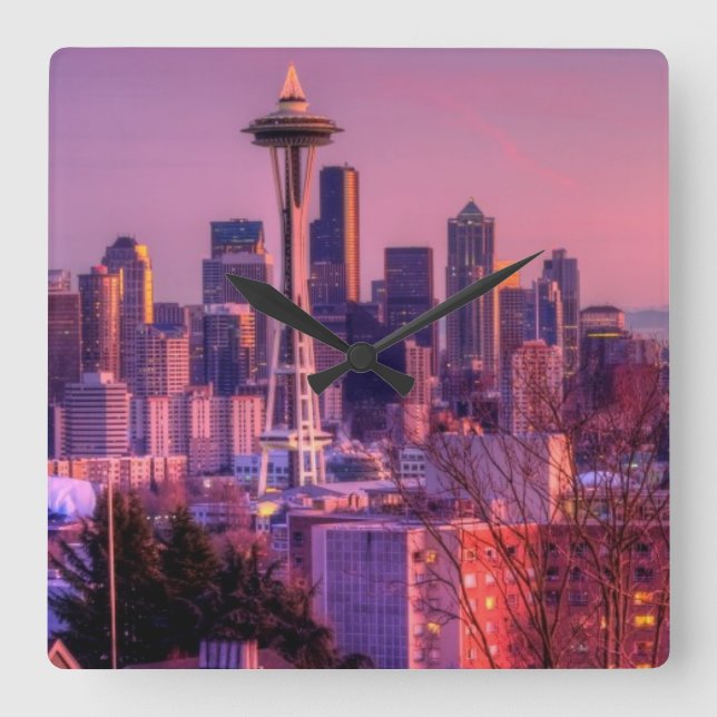 Solnedgång bakom Seattskyline från Kerry Park. Fyrkantig Klocka (Framsida)