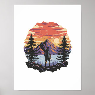 Solnedgång bakom träd och berg poster