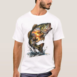 Solnedgång Bass Dubbelexponering Fiske T Shirt