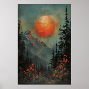 Solnedgång Berg Landskaps Art Print, Botanisk Poster