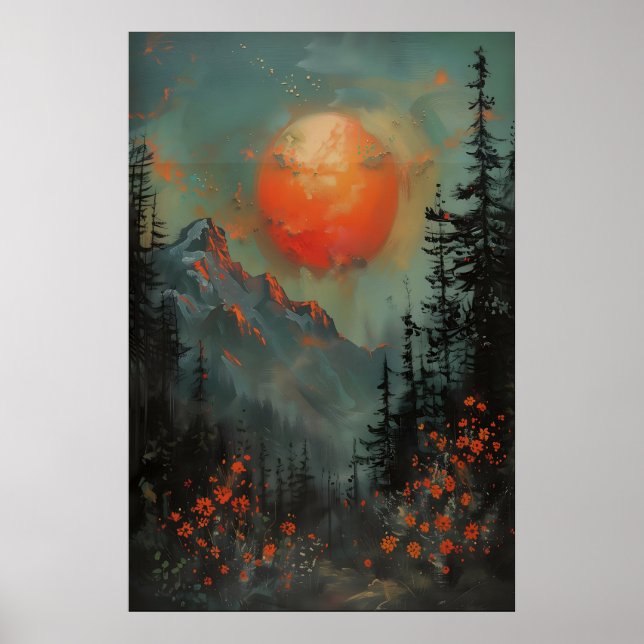 Solnedgång Berg Landskaps Art Print, Botanisk Poster (Framsidan)