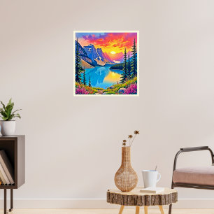 Solnedgång Berg Sjö Majestät Konst Poster