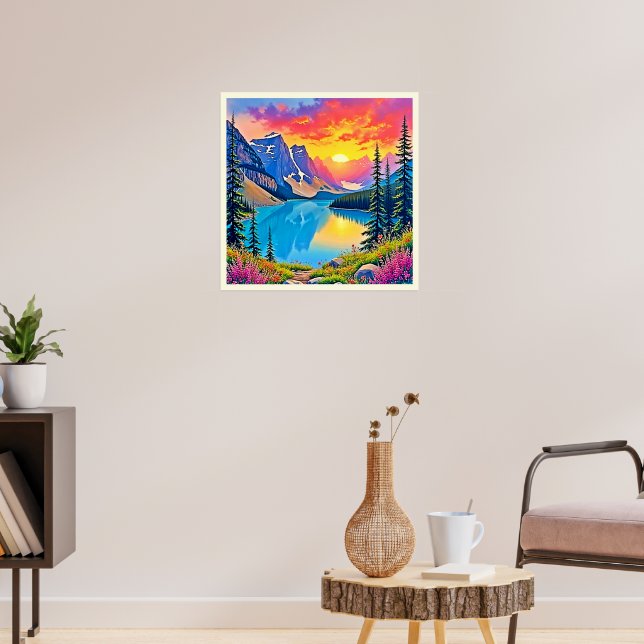 Solnedgång Berg Sjö Majestät Konst Poster (Vardagsrum 3)