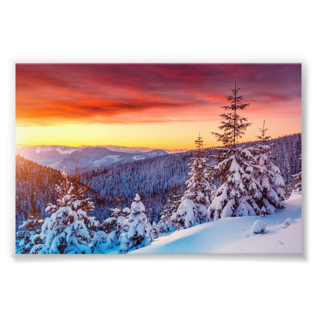 Solnedgång Berg Vinterscen Foto Tryck (Framsidan)