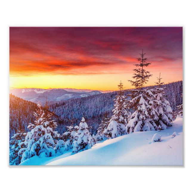 Solnedgång Berg Vinterscen Foto Tryck (Framsidan)