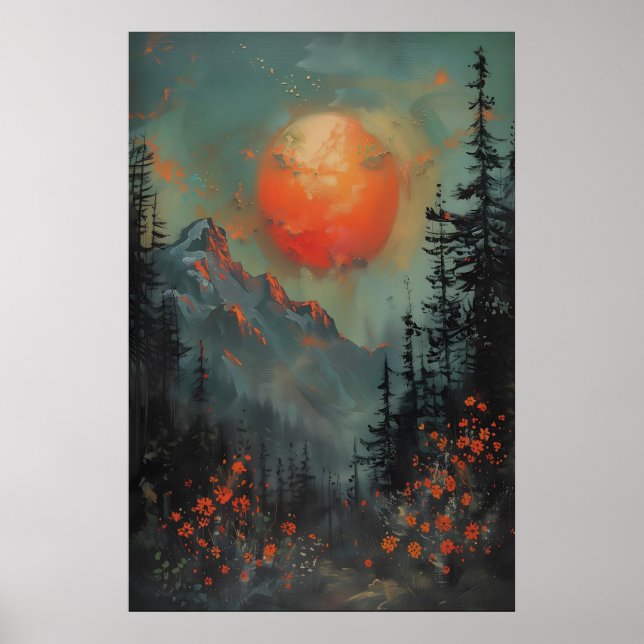 Solnedgång Bergslandskaps Konsttryck, Botanisk Poster (Framsidan)