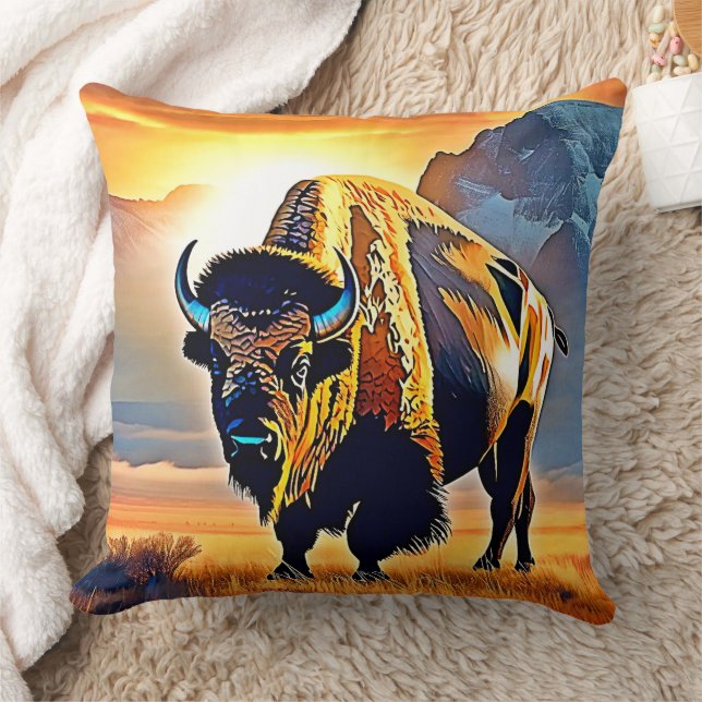 Solnedgång, Bison Art Design Kudde (Filt)