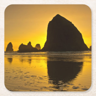 Solnedgång, Cannon Beach, Oregon, USA Underlägg Papper Kvadrat