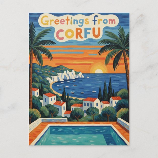 Solnedgång Corfu Grekland Resa Vykort (Framsida)