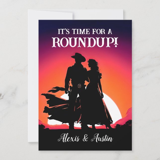 Solnedgång Cowboyen och Cowgirl Rundup-årsdag Inbjudningar (Framsida)