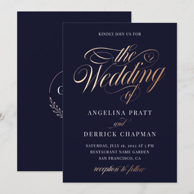 Solnedgång Deep Blue Guld Calligraphy Bröllop Inbjudningar (Fram/baksida)