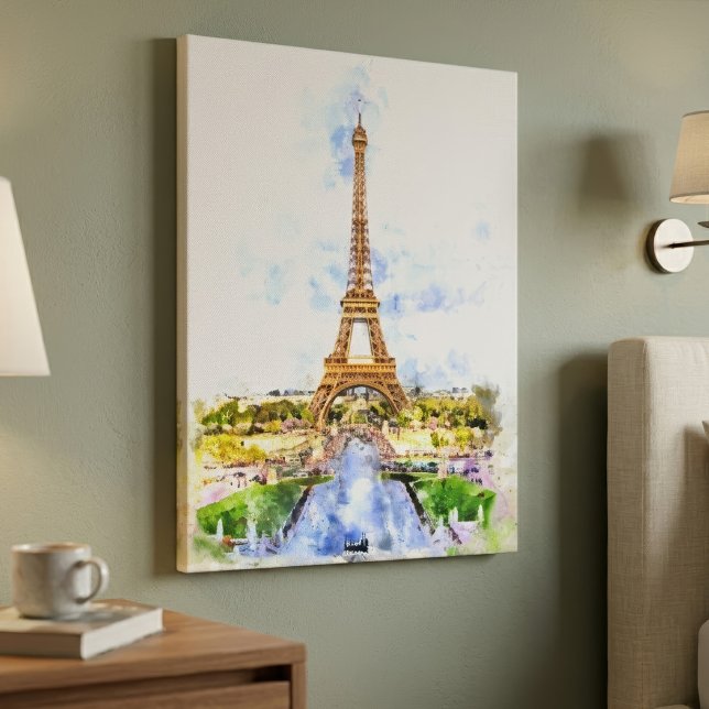 Solnedgång Eiffeltornet Paris Fransk Akvarell Canvastryck (Sunset Eiffel Tower Paris French Watercolor. Canvas Print)