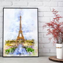 Solnedgång Eiffeltornet Paris Fransk Akvarell